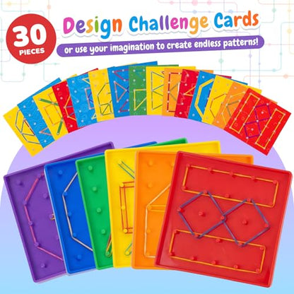 6 Pack Double-Sided Geoboard Math Preschool Classroom Manipulative for Kids | Geo Board Set with Rubber Bands and 15 Pattern Cards for STEM Shapes, Classroom Must Haves, Fine Motor Games for Kids Party