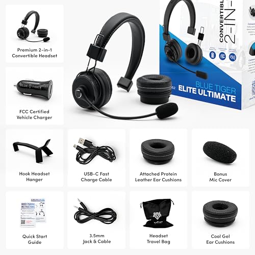 Blue Tiger Premium Elite Ultimate Single and Dual Ear 2-in-1 Bluetooth Headset – Professional Noise Cancellation Head Set with Microphone – USB-C Fast Charge & Long Battery Life