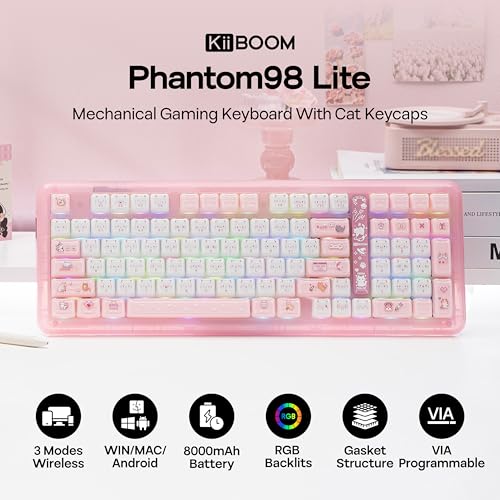 KiiBoom Phantom98 Lite 96% Wireless Mechanical Gaming Keyboard, VIA Programmable, Creamy Keyboard with Gasket, 8000mAh Battery, Hot Swap, RGB Backlits, NKRO for Win/Mac (Pink, Mossy Silent Switch) - color: Pink, size: Mossy Silent Switch