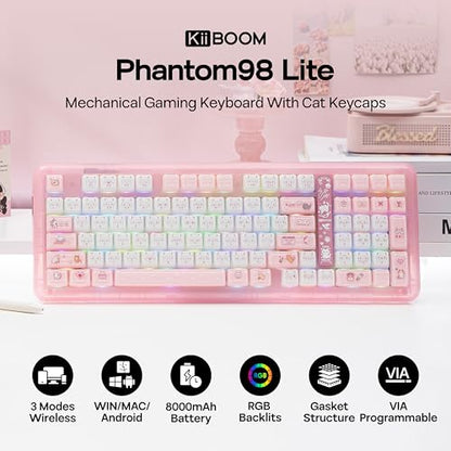 KiiBoom Phantom98 Lite 96% Wireless Mechanical Gaming Keyboard, VIA Programmable, Creamy Keyboard with Gasket, 8000mAh Battery, Hot Swap, RGB Backlits, NKRO for Win/Mac (Pink, Mossy Silent Switch) - color: Pink, size: Mossy Silent Switch