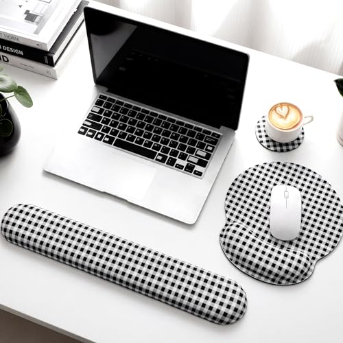 Tellegloww Wrist Rest Support for Mouse Pad&Keyboard Set, Black and White Gingham Checkered Circle Curved Ergonomic Mousepad&Coaster Non-Slip Base for Office Home Laptop Desktop Computer Keyboard - color: Black and White