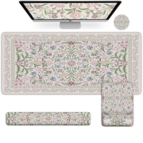 iCasso Mouse Pad with Wrist Rest, Large Desk Mat Set, Purple | Ergonomic Keyboard Pad with Wrist Support, Non-Slip Mouse Mat for Women, Cute Floral Computer Mat for Home Office Gaming - color: Purple