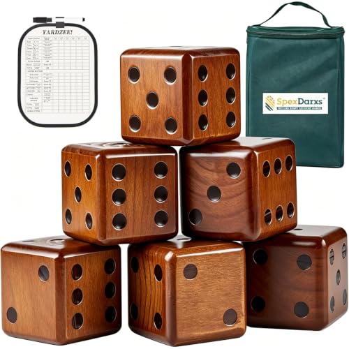 SpexDarxs Giant Yard Dice Set, 3.5IN Solid Pine Wooden Yardzee Outdoor Game | Non-toxic New Zealand pine dice, Non-toxic coating, Sturdy canvas bag. Perfect backyard tailgating BBQ party family game - color: Vintage