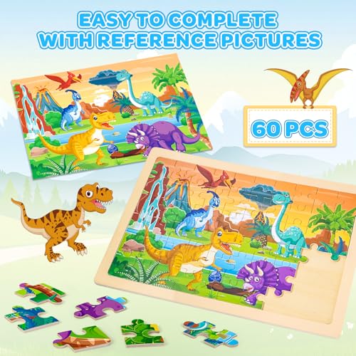 6-Pack Wooden Puzzles for Kids Ages 3-5, 60-Piece Animals Jigsaw Set | Toddler Puzzles Ages 3-5, Preschool Puzzles with Wooden Jigsaw Boards for Fine Motor Skills, Shape Recognition and Travel - style: Animals