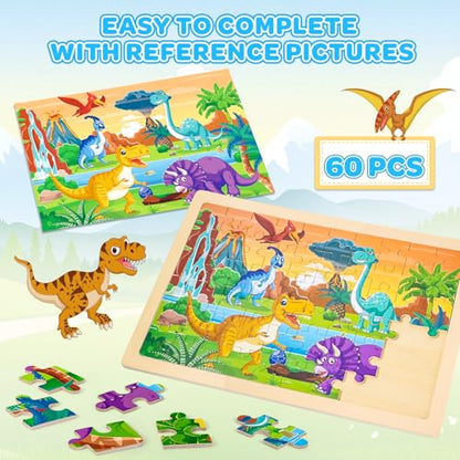 6-Pack Wooden Puzzles for Kids Ages 3-5, 60-Piece Animals Jigsaw Set | Toddler Puzzles Ages 3-5, Preschool Puzzles with Wooden Jigsaw Boards for Fine Motor Skills, Shape Recognition and Travel - style: Animals