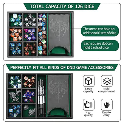 Grajar 3 in 1 Dice Tray with Lid, Portable Dice Box Storage, D&D RPG MTG Table Games (Green) - color: Green