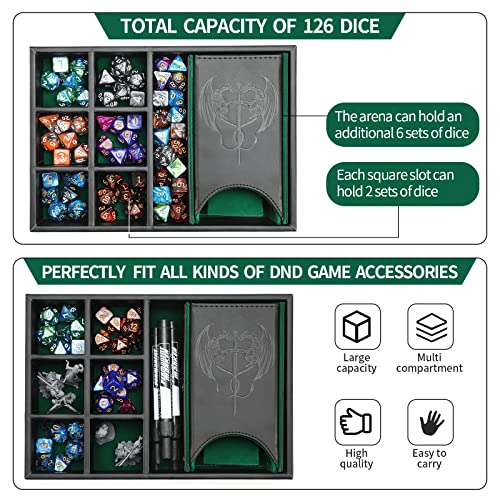 Grajar 3 in 1 Dice Tray with Lid, Portable Dice Box Storage, D&D RPG MTG Table Games (Green) - color: Green