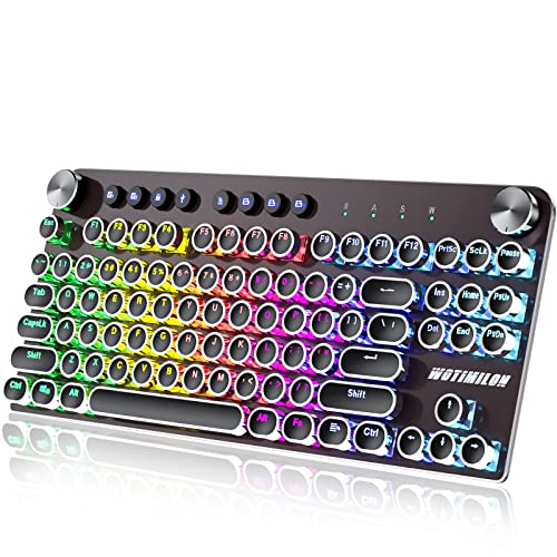 Wireless Typewriter Keyboard Mechanical TKL, 2.4G/BT5.0/Wired WM87 Retro Vintage Gaming Keyboard Typewriter Style with Punk Round Keycaps True RGB Backlit, 2 Control Knobs, Clicky Switch
