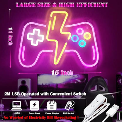 Pink LED Game Neon Sign Light for Gamer Room Decor USB Powered with Switch Gaming Accessories Acrylic Gamepad Neon Sign for Video Game Room Teen Girls Bedroom Wall Decor Gift Ideas for Gamer - style: Lightning Pink Gampad