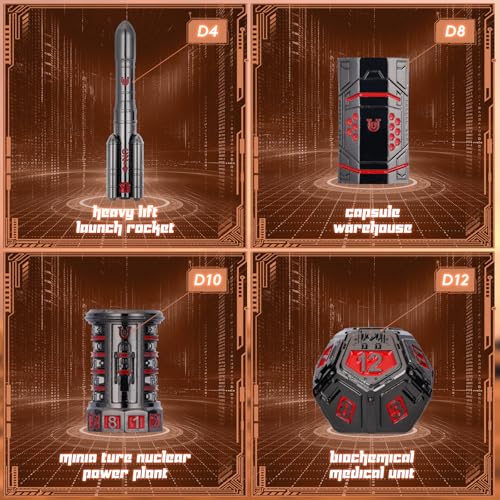 Unique Pioneer Dice Zinc Alloy Metal Dice Set 7pcs DND Dice Mars Planet Theme Polyhedral RPG Dice Set for Dungeons and Dragons Tabletop GamingRocket and UFO Design (Dark red) - color: Dark Red