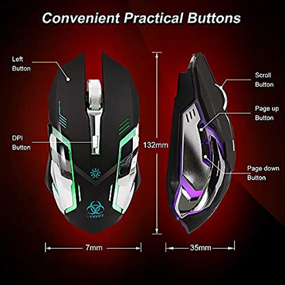 VEGCOO Wireless Gaming Mouse, Silent Wireless Mouse, Rechargeable Computer Mice with Colorful RGB LED Lights and 3-Level-Adjustable DPI, 6 Buttons Mouse with Side Buttons for Laptop and Desktop - color: black