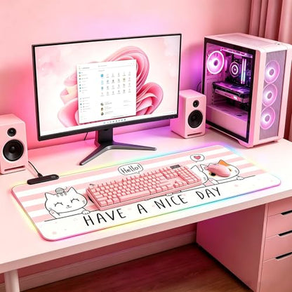 RGB Large Gaming Mouse Pad, Extended Mouse Pad with 12 Lighting Effects, Water Proof Mutispandex Surface, Non-Slip Rubber Base, 80x30 cm / 31.5×11.8 in (Cat) - color: Cat