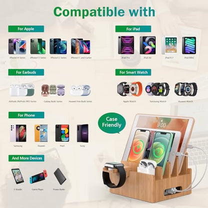 Pezin & Hulin Cell Phone Charging Stations, Bamboo Dock Organizer for Multi Devices, Tablets, Smart Watch, with Pack 5 Cables, No Power Charger Supply - color: Dock Rack +Cables