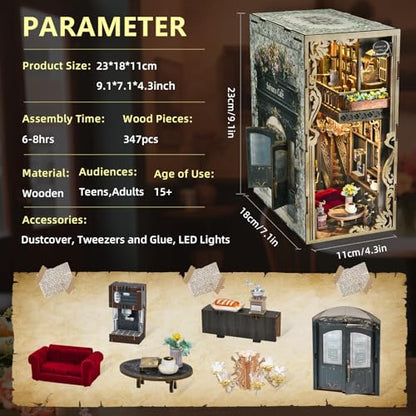 MiniCity Book Nook Kit, DIY Miniature Dollhouse Book Nook Kit with Dust Cover and LED Light (Saisons Café) | 7.1 x 4.3 x 9.1 in; 347 pieces, LED and dust cover; glue/tools and guide included; 8-10 hr DIY build for display, ages 14+. - style: Saisons Café