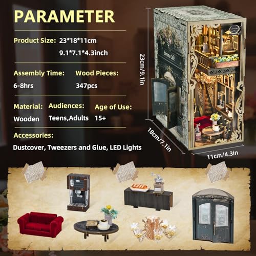 MiniCity Saisons Cafe Book Nook Kit, 3D Wooden Bookshelf Puzzle with LED | 347-piece DIY book nook with LED and dust cover; glue/tools and guide included; 8-10 hr build for home decor, ages 14+. - style: Saisons Café