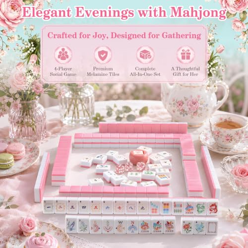 Pink American Mahjong Set, 168 Melamine Tiles | Includes 168 Mahjong tiles with 12 jokers and a gift box. Portable for game nights, weekly clubs and gifting. - color: Pink