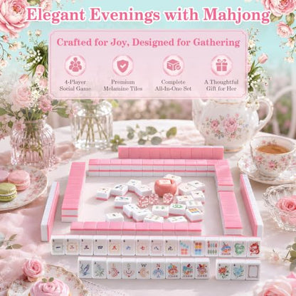 Pink American Mahjong Set, 168 Melamine Tiles | Includes 168 Mahjong tiles with 12 jokers and a gift box. Portable for game nights, weekly clubs and gifting. - color: Pink