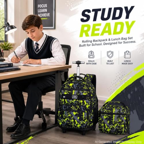 3Pcs Rolling Backpack for Boys Men, Travel Roller Backpacks with Wheels for Adults, Teens College Graffiti Wheeled Bookbag with Lunch Box(Green) - color: Airbrush Green