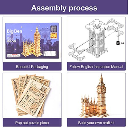 Rowood 3D Puzzles for Adults Wooden Model Kit Adult Craft Kit Gifts for Age 14+ Big Ben - style: Big Ben