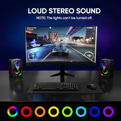Computer Speakers for Desktop, USB Powered Stereo Speakers with RGB Lights | Rich Stereo Sound, Colorful RGB Lighting, Compact Design, Simple Volume Control, and Plug-and-Play Setup for Laptop Monitor