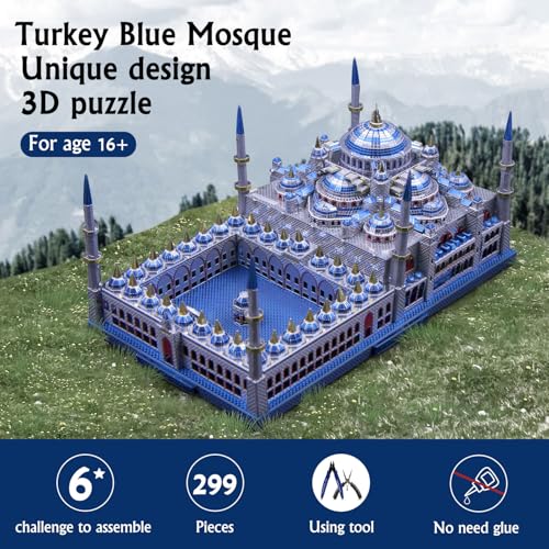 Microworld 3D Metal Puzzle for Adult, Turkey Blue Mosque Architecture Metal Model Kits, 3D Puzzles for Adults DIY Building Model Brain Teaser for Age 16+ (Sultan Ahmed Mosque)