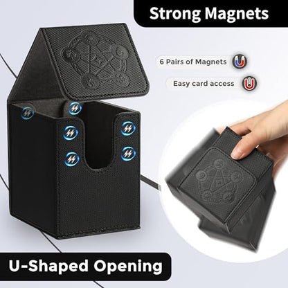 Card Deck Box with 2 Dividers, MTG Commander Deck Box Holds 100+ Double-Sleeved Cards, Leather Magnetic Deck Case Compatible with Magic TCG CCG Cards, Black - color: 2. Black 01, size: 100 Double-sleeved Cards Vertical