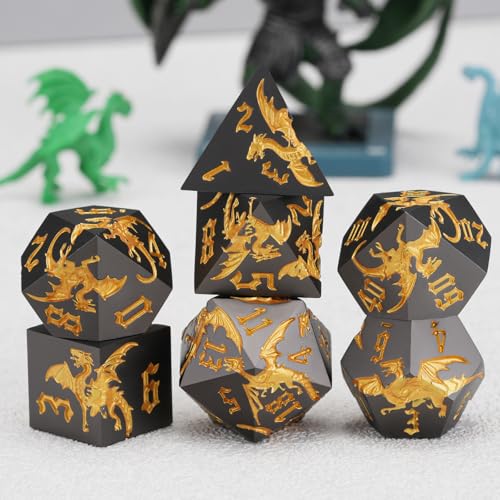 Metal D&D Dragon Dice Set,Metallic DND Polyhedral Dice for Dungeons and Dragons RPG TTRPG D&D 7-Die Set with Gift Case Dragon-Pearl Gun Gold - color: Dragon-pearl Gun Gold