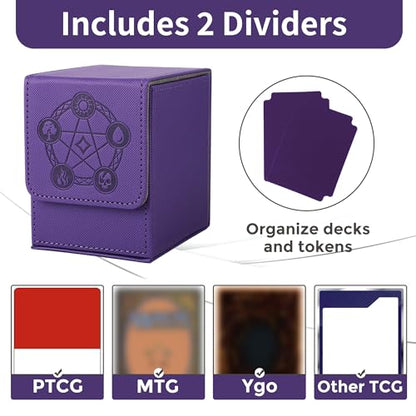 Card Deck Box with 2 Dividers, MTG Commander Deck Box Holds 100+ Double-Sleeved Cards, Leather Magnetic Deck Case Compatible with Magic TCG CCG Cards, Purple - color: 2. Purple, size: 100 Double-sleeved Cards Vertical