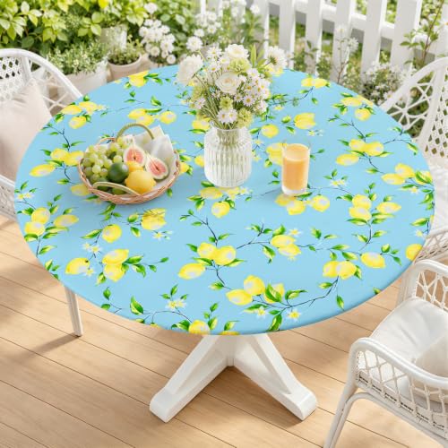 Smiry Round Picnic Tablecloth, Waterproof Elastic Fitted Table Covers for 36" - 44" Tables, Wipeable Flannel Backed Vinyl Tablecloths for Camping, Indoor, Outdoor, Blue & Yellow - color: Blue & Yellow, size: For Up to 36"-44" Round
