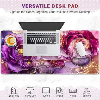 Gaming Mouse Pad Large Desk Mat, Cute Purple Marble Rose Desk Pad Protector | 4in1 XXL Mousepad + Keyboard Wrist Rest+Mouse Wrist Rest+Coaster Set with Ergonomic Desk Pad for Home Office PC,Flowers - color: Marble Rose Purple Flowers