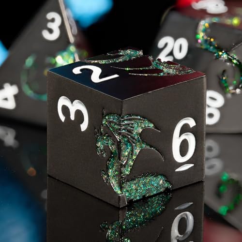 Dragon Metal DND Dice Set,Heavy Zinc Alloy Polyhedral 7-Die Set for Fantasy TTRPG & Tabletop RPG Games,Luxury Magnetic Display Case,Gift Ready for Collectors & Players(Glitter Green Dragon) - color: Black With Glitter Green