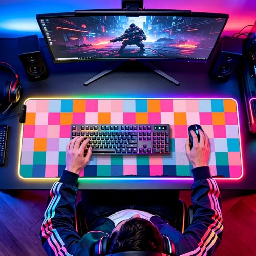 RGB Retro Coloful Checkered Gaming Desk Mat, Computer Keyboard Large Extended Long LED Mouse Pad for Office and Home, XL (W20) - color: Rgb-w20