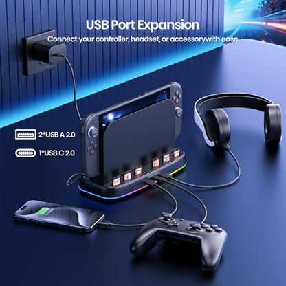 NEWDERY Cooling Fan for Nintendo Switch 2 Dock, Dual-Fan Cooling Stand | 3 Adjustable Speeds, RGB Light Modes, 6 Game Card Slots and 3 USB Ports for Cooling Control, Storage and Easy Expansion