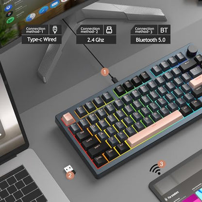 MageGee LIGHT75 Wireless Creamy Keyboard, Tri-Mode Bluetooth/2.4GHz/USB-C RGB Backlit, Gasket Hot Swappable Custom Gaming Keyboard for Win/Mac/PC, with Knob, 4000mAh Battery, Grey - color: Grey Beige/Pink Bear Switch