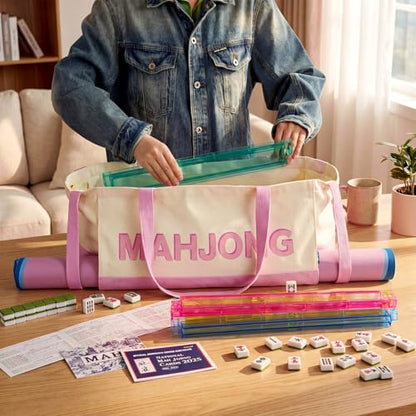 Abbylike 28x9 Inches Mahjong Bag for Rolled Mat Tiles Racks Pushers Accessories Empty Mahjong Tote Bag with Zipper Closure Outer Pockets Lining Large Capacity(Beige&Light Pink,Canvas) - color: Beige&light Pink