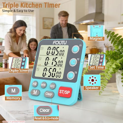 Digital Dual Triple Kitchen Timer, 3 Channels Magnetic Countdown Stopwatch Timer for Cooking, Loud Alarm Large Display Multi Food Memory Timer for Seniors & Teachers Battery Included (Blue) - size: YS318 Blue