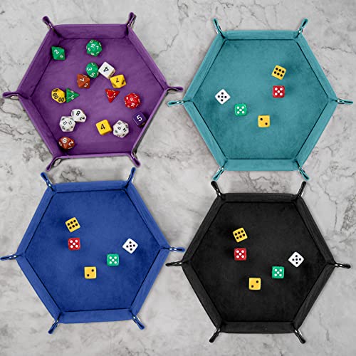 SIQUK 4 Pieces Dice Tray Portable Dice Trays Hexagon Dice Roller Tray PU Leather Rolling Dice Trays for Dice Games Like RPG, DND and Other Table Games (Black, Cyan, Violet, Royal Blue) - color: Black, Cyan, Violet, Royal Blue