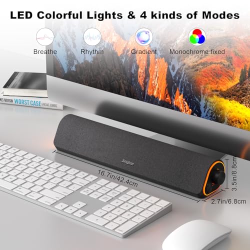 SOULION Bluetooth Computer Speakers for Desktop Monitor PC USB Powered | USB Powered & 3.5mm, Colorful LED Lights, Switch Button Clear & Rich Sound, Breathable Cloth,Surround Soundbar - color: Dark Grey