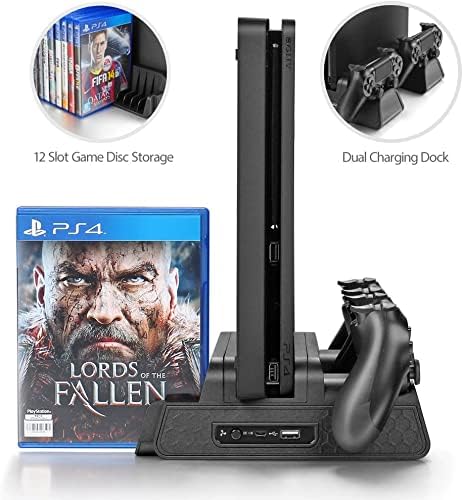 Vertical Stand for PS4/PS4 Slim/PS4 Pro, Black | Cooling Fan, Controller Charging Station, 12pcs Game Storage, PlayStation 4 Charger