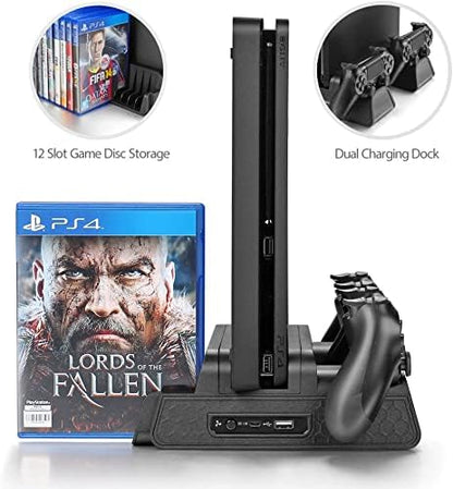 Vertical Stand for PS4/PS4 Slim/PS4 Pro, Black | Cooling Fan, Controller Charging Station, 12pcs Game Storage, PlayStation 4 Charger