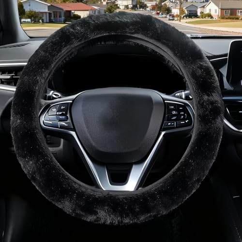 Furry Steering Wheel Cover, Fluffy Fuzzy Fur for Sweaty Cold Hands | Heat Absorbing, Soft Warm, Elastic Stretch, Standard Size 14.5"-15" Car Truck SUV, Anti-Slip Auto Interior Accessories, Black - color: single cover - black