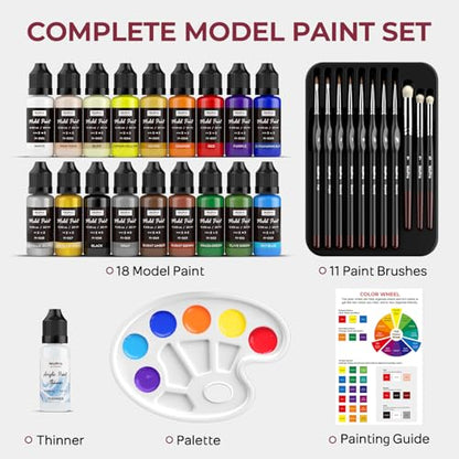 Nicpro All-In-One Miniature Painting Kit, Starter Paint Set with 18 Colors Model Paint & Thinner(20ml), Palette, 11 Detail Paint Brushes Drybrush, Miniature Paint Set for Models, Scale Figures, Crafts - color: 18 Colors + Thinner + Brush