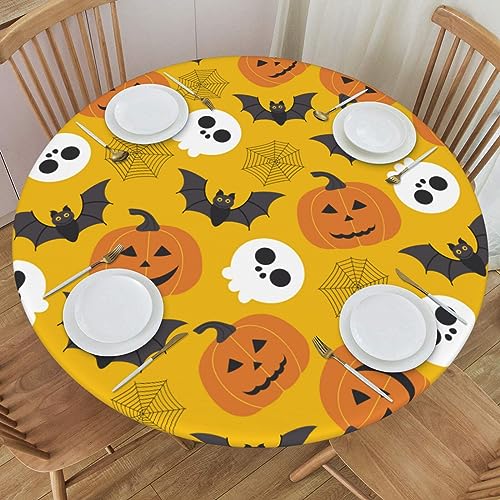 Delerain Skull Pumpkin Bat Round Fitted Tablecloth, Waterproof Round Table Cloth with Elastic Edged Washable Table Cover for Indoor Outdoor Fits 45"-50" Tables, Medium - color: Skull Pumpkin Bat, size: 50" (Round)