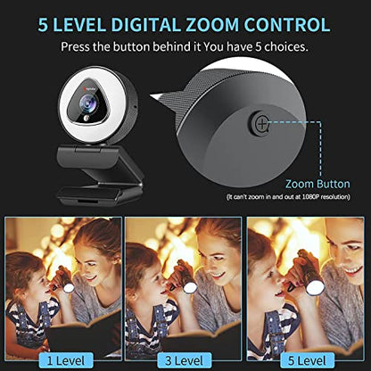 Angetube Streaming Webcam with Ring Light, Computer Camera with Microphone | 1080P@30fps, 5X Digital Zoom HD Web cam for Xbox Twitch Gaming, USB PC Web Camera for PC Laptop Desktop Mac