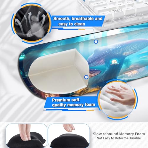 Large Gaming Mouse Pad+ Keyboard Wrist Rest Set, Ergonomics Memory Foam Mouse Mat Wrist Rest Support for Home Office, Waterproof Extended Mousepad 31.5x11.8in, Magic Mushroom Castle Desk Pad - color: Yvb-mousepad-9-f-154