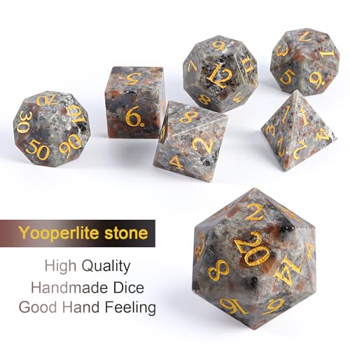 Natural Flame Yooperlite Stone Dice Set,7 Pcs Yooperlite DND Dice with Box Used for Dungeon and Dragon Dice Games (Flame Yooperlite) - color: Flame Yooperlite