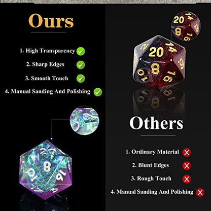 Sharp Edge DND Dice Set Handmade 7 Accessories Dice for Dungeons and Dragons TTRPG Games, Multi-Sided RPG Polyhedral Resin Sharp Edge Dice Roleplaying Games (Purple Green) - color: Purple Green