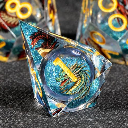 KERWELLSI Liquid Core Dragons Pattern Dice, Resin DND Dice Set with Gift Box, Blue and Gold Sharp Edged Dungeons D&D Dice, Role Playing Game Dice D20 D12 D10 D8 D6 D4 - color: Blue and Gold