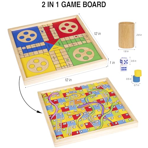 12 Inch Wooden Ludo Board Game & Snakes and Ladders 2-in-1 Reversible Classic Board Game for Kids and Adults, Includes 1 Parcheesi Board, 2 Dice, 1 Cup, 16 Tokens, Rules, Pouch & Carrying Bag
