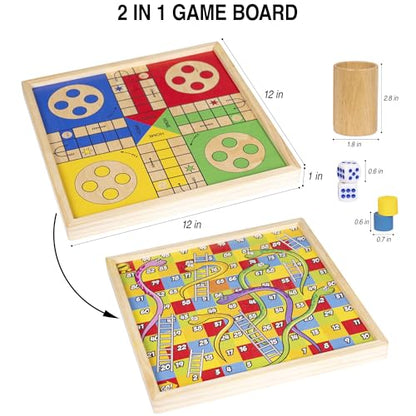 12 Inch Wooden Ludo Board Game & Snakes and Ladders 2-in-1 Reversible Classic Board Game for Kids and Adults, Includes 1 Parcheesi Board, 2 Dice, 1 Cup, 16 Tokens, Rules, Pouch & Carrying Bag